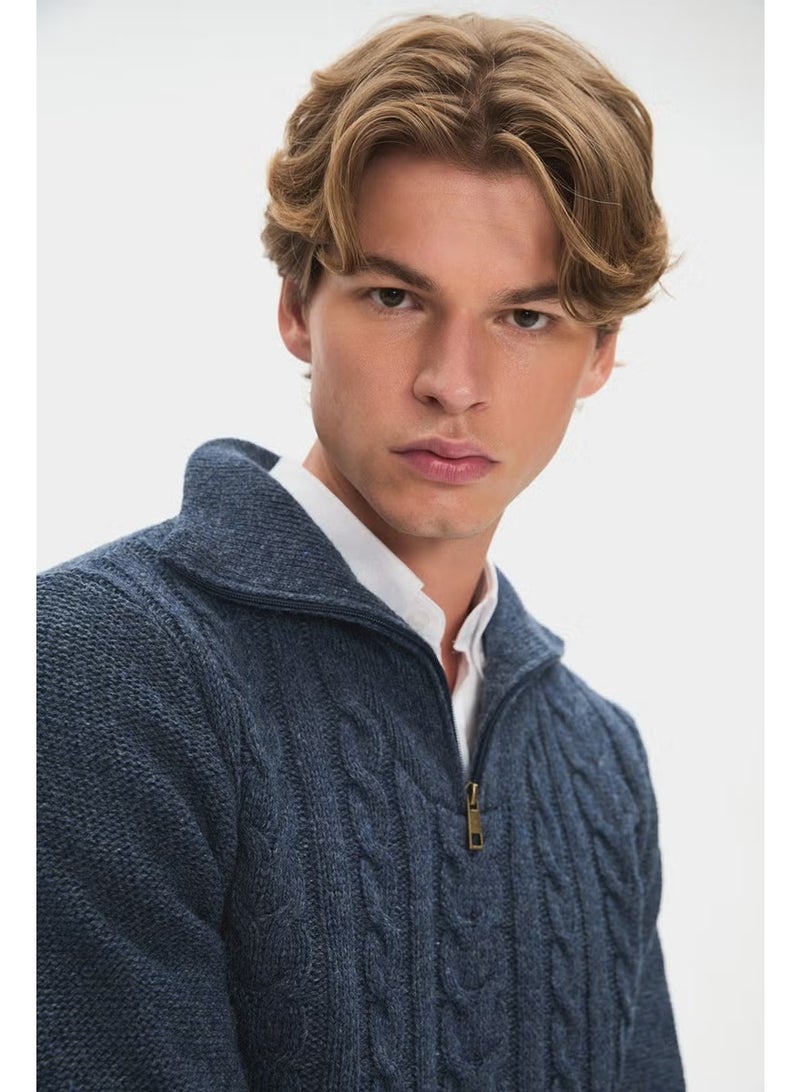 JUNE Men's Regular Fit Turtleneck Knit Detail Zippered Knitwear Sweater - Image 1